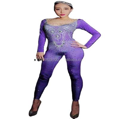 China Sexy Purple Rhinestone Overalls Long Sleeve Stage Costume Prop Singer DjDs Guest Meat Gogo for sale