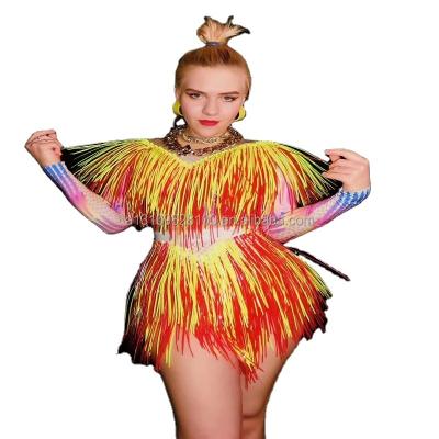 China Sexy DJ Singer Collar Dance Costume Colorful Nightclub Prop Tassel Jumpsuit Bar for sale