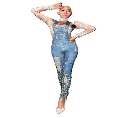 China Sets Sexy Suspender Denim Print Meat Overalls Stage Costume for sale