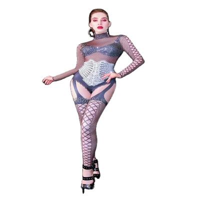 China Sets Slim Printed Overalls Mesh Trousers Diamond Sequin Performance Suit Nightclub for sale