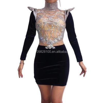 China Sexy black rhinestone velvet short skirt song host party costume nightclub dresses top women overalls for sale