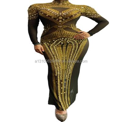 China Yellow Dresses Nightclub Bar Singer Blackberry Mesh Perspective Diamond Slit Buttocks Full Skirt for sale