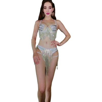 China Breathable Shinning Party Jazz Dance Singer Performance Outfit Bikini Rhinestone Tassel Leotard Pattern Cheersquard Club Costume Show Stage Party for sale