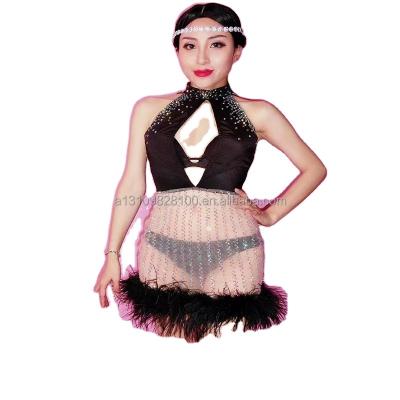 China tutu & Skirts Black One-Piece Transparent Diamond Feather Skirt Costume Performance Latin Costume Glitter for sale