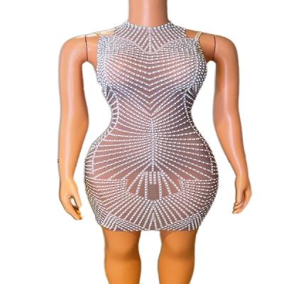 China New Breathable White Instant Transparent Nightclub Disco Diamond Sleeveless Sexy Skirt for sale