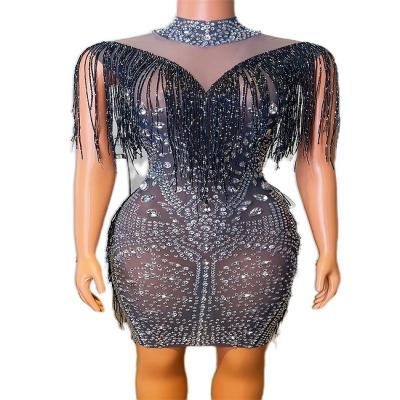 China Sleeveless Tassel Diamond Mesh Transparent Skirt Smart Stage Buttocks Breathable Skinny Bar Nightclub Long for sale