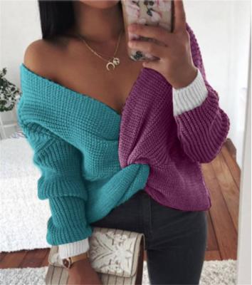 China 2021 M1038-trendy breathable designer v neck patchwork custom knitted sweater women streetwear for sale