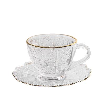 China Wholesale European Retro Viable Relief Sunflower Breakfast Cup Glass Coffee Cup And Saucer With Spoon for sale