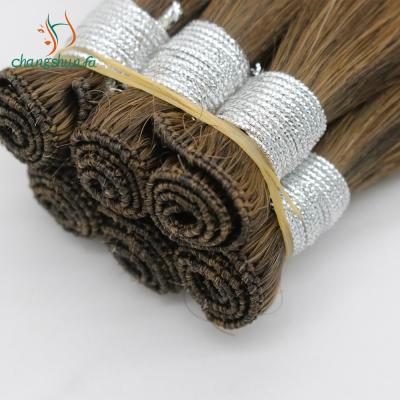 China 100% Virgin Hair Russian Remy Hair Extensions Thick End 100% Human Hand Tied Double Weft Hand Drawn Tied for sale