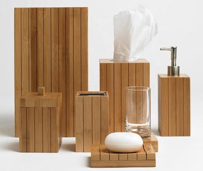 China Sustainable Bamboo Bathroom Set of Soap Dispenser Dish, Toilet Brush, Toothbrush Holder, Tray, Bin for sale