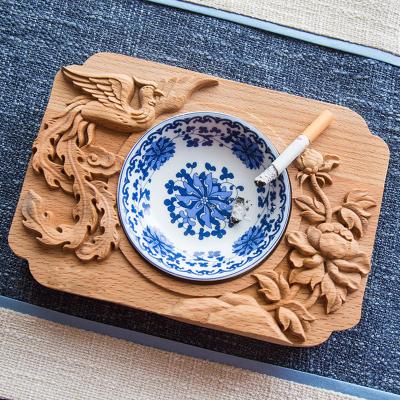 China OEM Environmental Friendly/Durable High Quality Wholesale Ceramic Wood Carved Cigar Ashtray for sale