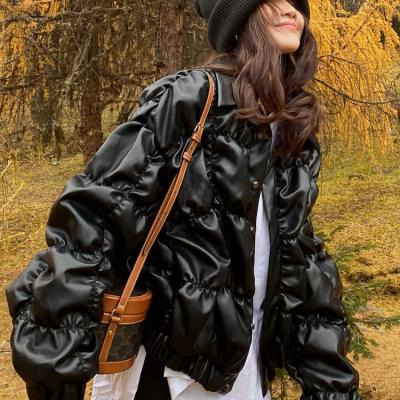 China Anti-wrinkle loose fit pu jacket black lapel wrinkled leather long sleeve women women new coat fashion Autumn Winter 2021 for sale