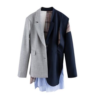 China 2021 Newest Design Fashion Wholesale Anti-Wrinkle Spring Women Clothing Hot Selling Contrast Color Patchwork Sleeve Irregular Blazer Long for sale