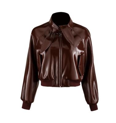 China 2021 Newest Fashion Hot Selling Women's Jacket Long Sleeve Short Leather Coat Tops Anti-wrinkle Rabbit Ear Slim Fit Standing Collar Zipper Coat Tops for sale