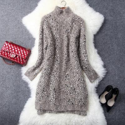 China Factory Wholesale Breathable Winter Turtle Neck Casual Fashion Knit Long Sleeve Dress Women Dress for sale