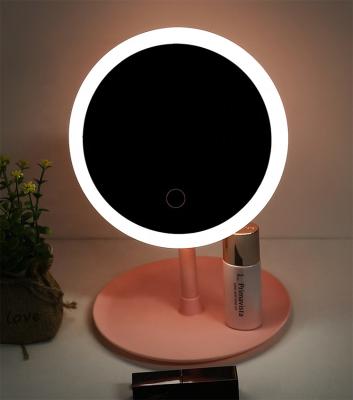 China Hot Selling Desk Light Lit LED Mirror Three-color Light Round Cosmetic Mirror Makeup Mirror for sale