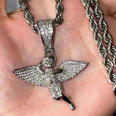 China European Hiphop Discount Hips Hops 18k Gold Plated Pave Bling Crystal Double Angel Wing Pendant Necklace for sale