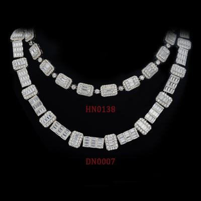 China Hiphop Zircon Iced Out Lab Diamond Rhodium Plated Multilayer Cuban Baguette Chain Necklace for sale