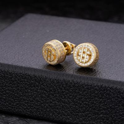 China TRENDY Trendy 14K Gold Small Men's Silver 925 Gold Plated Round Zircon Dollar Sign Stud Earrings for sale