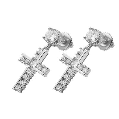 China 2022 Hiphop New Fashion 14K Solid Gold Round Cut Stud Cross Dangle Moissanite Earrings for sale