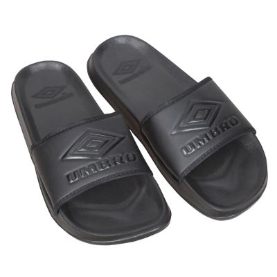 China Fashion Trend Wholesale Indoor Outdoor Emboss Logo Mens Plain Eva PU Single Flat Summer Branded Slippers Casual Black for sale