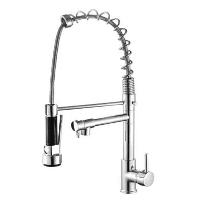 China Commercial Luxury Single Hole Spray Chrome Single Lever Brass Sink Faucet Pull Out Spring Sprayer Double Spout Kitchen Faucet for sale