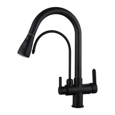 China Pull Out Spray Wholesale Black Brass Multifunctional Kitchen Faucet Double Handle Mixer Turn To Pull Out Filter Purifier Faucet for sale