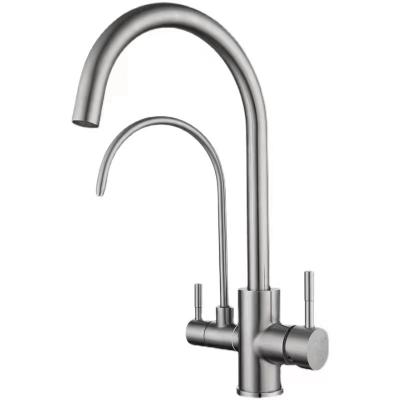 China Dual Handle Metered Two Way Water Faucet Stainless Steel Water Filter Cocina Griferia 360 Degree Rotation Flexible Double Kitchen Faucet for sale