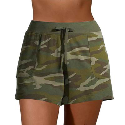 China Anti-Wrinkle OEM Accept Plus Size Drawstring Shorts Fashion High Waisted Gym Womens Camouflage Print Shorts Pants Biker Shorts With Pockets for sale