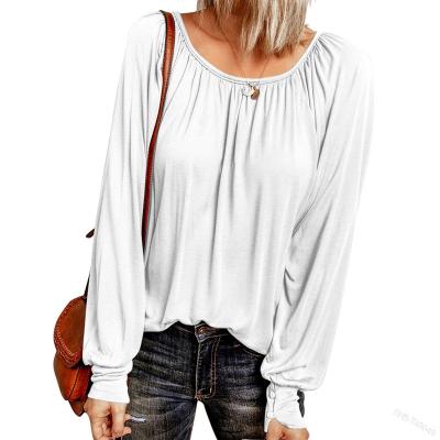 China 2022 New Office Viable Women Fashion Tops Long Sleeve Solid Color Round Neck Casual Blouse Ladies Pleated Elegant Blouse for sale