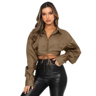 China 2022 New Viable Wholesale Women Cropped Loose Breasted Lapel Bandage Blouse Solid Color Urban Casual Blouses for sale