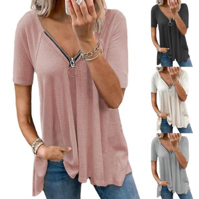 China Custom Anti-Wrinkle Plus Size Women Short Sleeve T-shirt Patchwork Zipper Loose Casual Solid Color Tee Shirt Femme Summer Top Women Blouse for sale