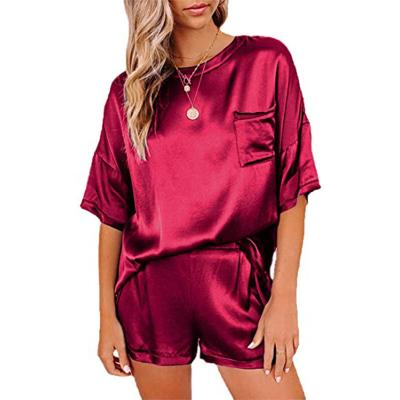 China 2022 Viable Silk Solid Color Chiffon Plus Size Pajamas Satin Home Service Casual Women Sets Short Sleeve Shorts Loose Casual Two Suit for sale