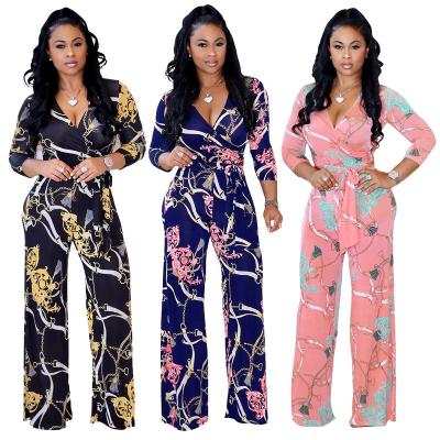 China 2022 Viable New Style Selling Plus Size Women Overalls Long Sleeve Pajamas Floral Print V-Neckline Long Rompers Fashion Casual Overalls for sale