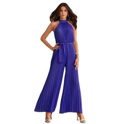 China Viable Women Pleated Sleeveless Elegant Casual Wide Leg One Piece Pants Trousers Loose Slim Drawstring Flares Trousers Overalls For Ladies for sale