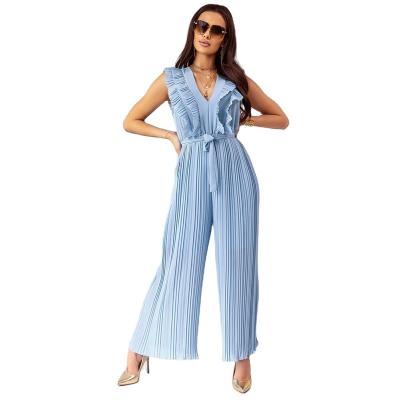 China Elegant Women Viable Large Size Ruffle Pleated Temperament Loose High Slim One-Piece Overalls Solid Color Waist Wide Leg Pants for sale