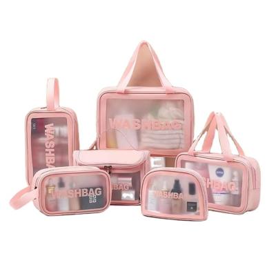 China Fashion Sim-Party Custom Logo Portable Transparent Waterproof Glitter PVC+PU Makeup Cosmetic Bag for sale