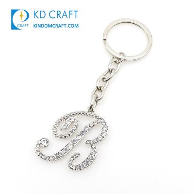 China Promotion Wholesale Custom Metal Keychain Charm Silver Diamond Alphabet B Rhinestone Studded Bling Initial Key Chain For Handbag for sale