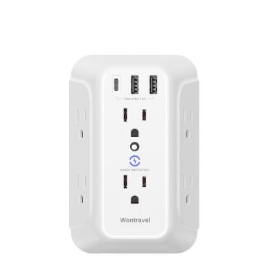 China Commercial Wontravel 6 Outlet Plug Socket US Grounded Wall Outlet Extender with 2 USB and Typ-C for sale