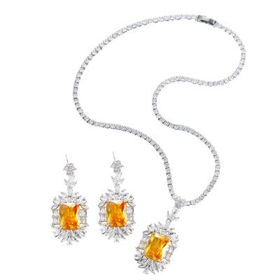 China Trendy Shiny Yellow Cubic Zircon Big Square Chunky Earrings Necklace Luxury Wedding Bridal Jewelry Set For Women for sale