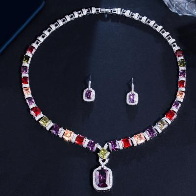 China FASHIONABLE European and American brides color two-piece soft noble chain zircon necklace earrings wedding dress earrings banquet for sale