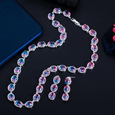 China TRENDY Beautiful Rainbow CZ Drop Women Mystical Stone Round Necklace Women Party Earrings Shape Bridal Wedding Jewelry Sets for sale