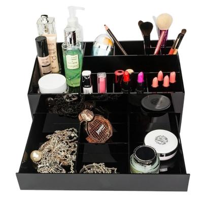 China Factory Customized Acrylic Black Jewelry Storage Box Content Makeup Cosmetics Organizer On Desk for sale