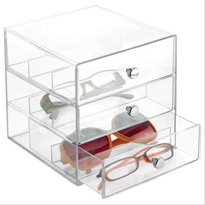 China High Viable Custom Three Tiers Acrylic Transparent Maker Boxes Glass Cosmetics Organizer With 3 Drawers for sale