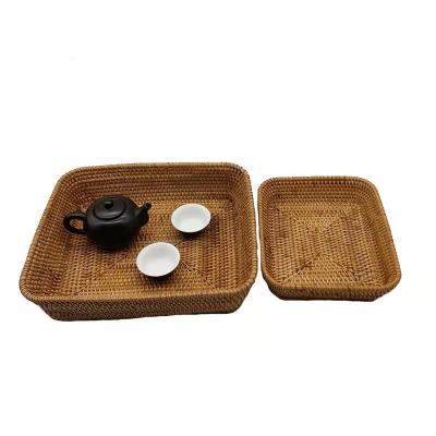 China Disposable Handmade Rattan Fashion Fruit Dish Tray Simple Square Two-piece Coffee Serving Tray for sale