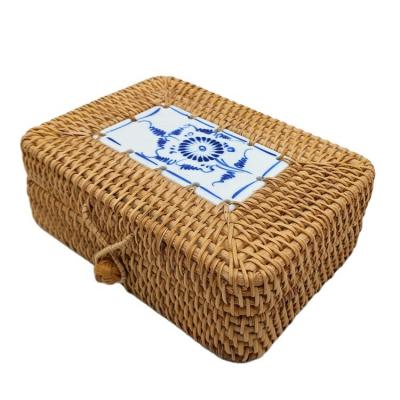 China New Classic / Postmodern Home Use Jewelry Valuables Table Handwoven Storage Box Top Finishing With Bamboo Storage Boxes And Bins Brown Hand Made Porcelain for sale