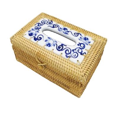 China Minimalist Decorative Box With Handmade Chinese Elements Rattan Tissue Box Blue And White Porcelain Box for sale