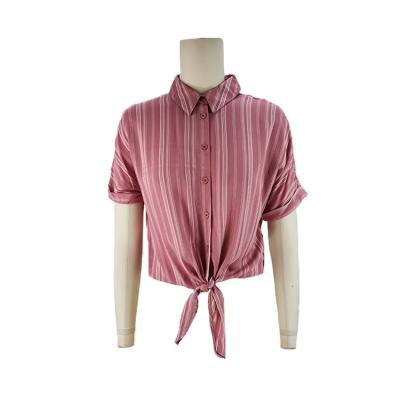 China 2021 Summer New Designed Casual&Career Striped Shirt Women Blouse Tops Breathable Squishy Short Sleeve Rose And White for sale