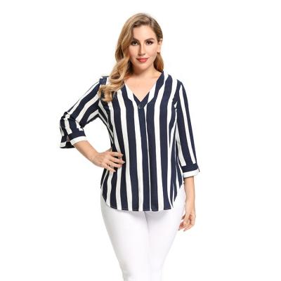 China Breathable Plus Size Navy Women Shirts Elegant Stripe White V-neck Blouses Top Blouse For Casual Women Lady for sale