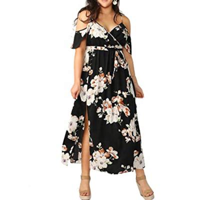 China 2022 New Arrival Summer Breathable Women Plus Size Comfortable Floral Print Off The Shoulder Slit Dress for sale